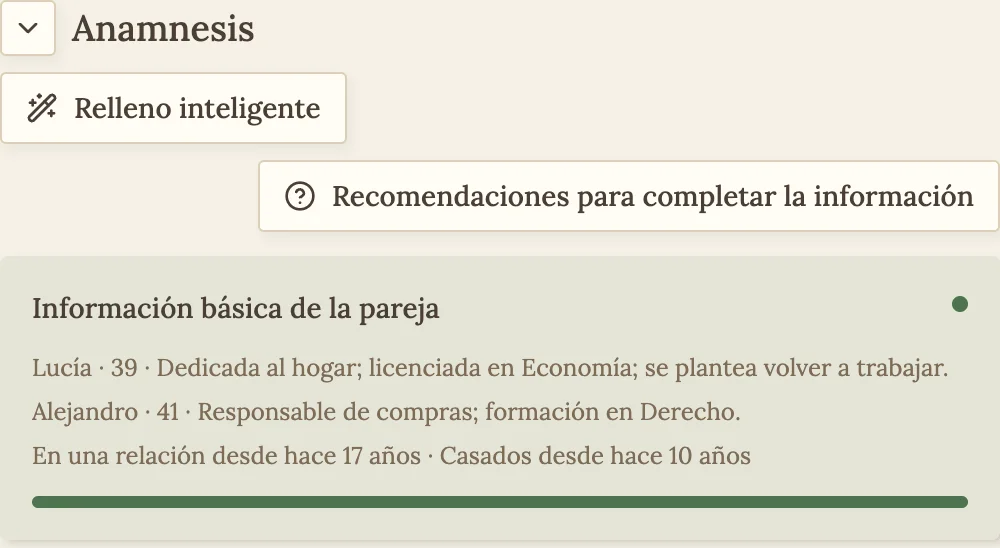 Bloques de anamnesis con indicadores de cumplimentación