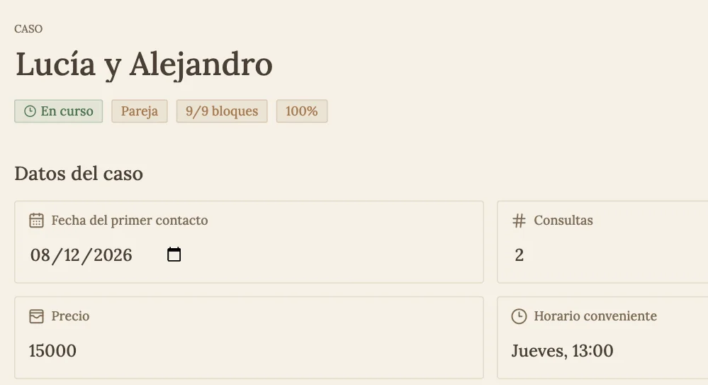 Pantalla de un caso en Familumen: lista de casos, datos del caso y bloques de anamnesis